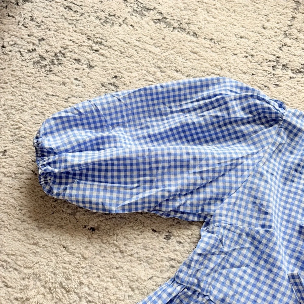 NWOT-Woman’s Blue Plaid Gingham Babydoll Top w/ Tie Front Short Puff Sleeves - Picture 5 of 14